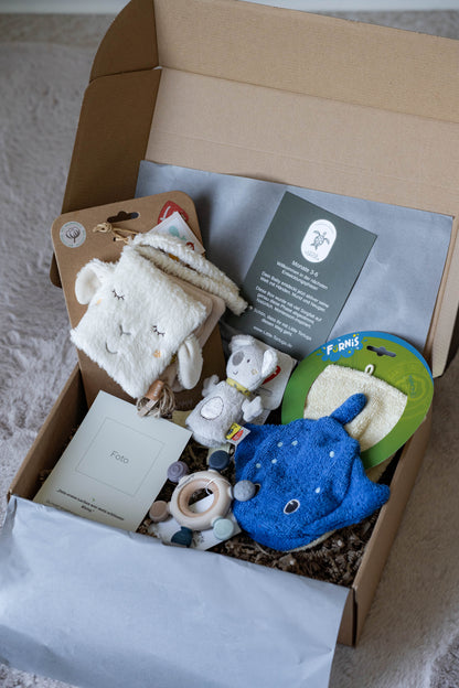 Nachhaltige Montessori-Babybox für 3–6 Monate mit Greifring, Rassel, Stoffbuch, Schnullerkette, Bio-Waschlappen und Elternkarte