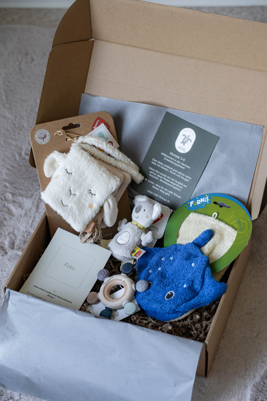 Nachhaltige Montessori-Babybox für 3–6 Monate mit Greifring, Rassel, Stoffbuch, Schnullerkette, Bio-Waschlappen und Elternkarte